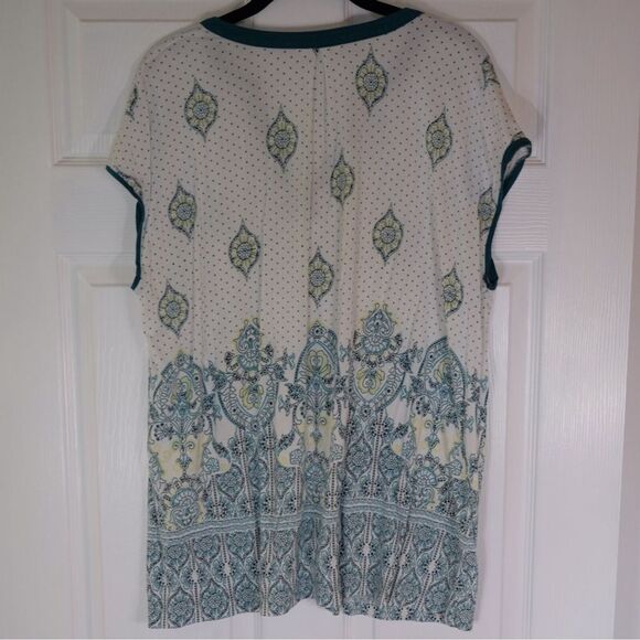 Soma Teal White Boho Paisley Tunic Top Split Neck Short Sleeve Size XL - Picture 2 of 7